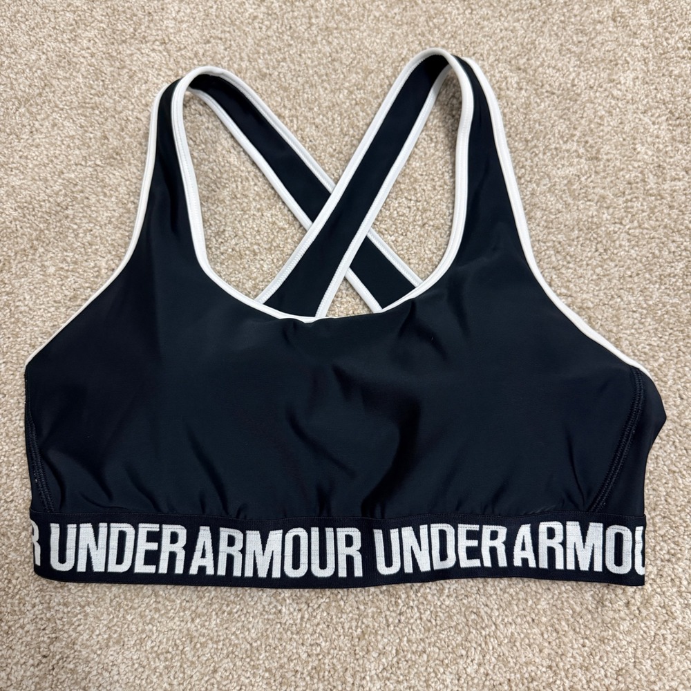 Under Armour Mid Crossback Sports Bra Womens XL Black White 1310665 HeatGear